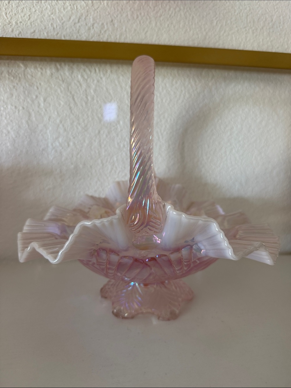 Fenton Pink Iridescent Glass Basket - Home Art